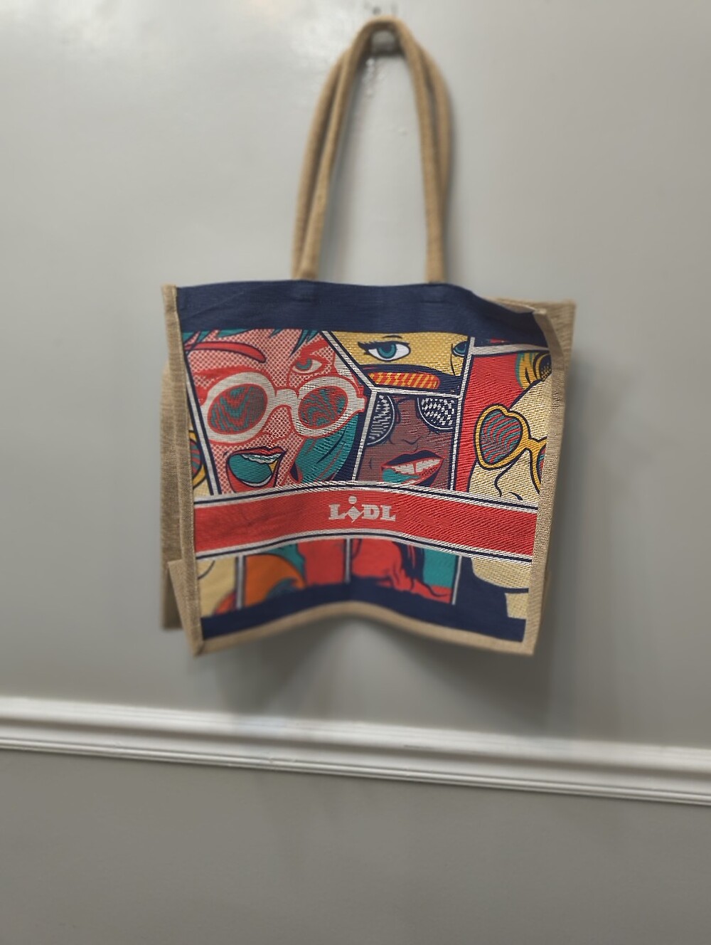 LIDL Pop Art Colorful Comic Canvas Tote Bag Natural Jute Eco Beach Shopping Bag